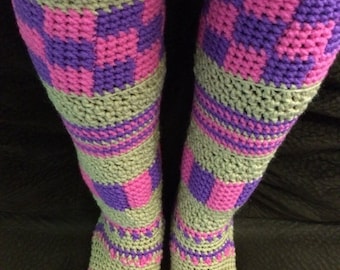 Crochet Knee High Checker Slipper Socks PATTERN, PDF, digital download