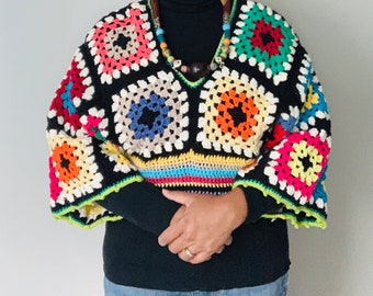 granny square top, crochet granny square pullover top, crochet granny square jumper top