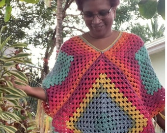 crochet granny square poncho, crochet rainbow poncho, women’s clothing