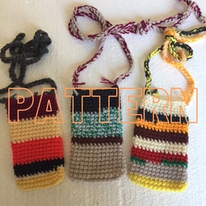 May include: Three handmade crochet phone pouches with straps. The pouches display a variety of colours, including yellow, red, black, green, and brown. The word "PATTERN" is overlaid on the image in orange.