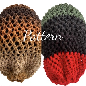 May include: Two crocheted hats, one in brown, orange, and tan, and the other in green, black, and red. The hats are made with a mesh pattern and have a rounded shape.