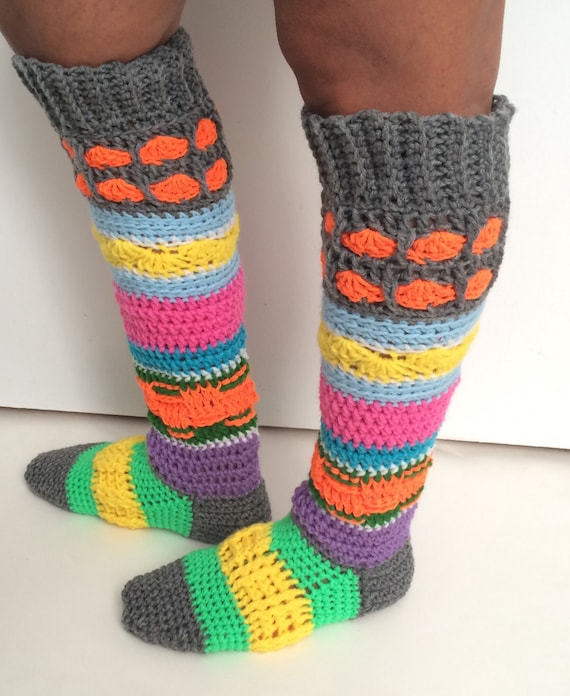 sock pattern knee high slipper socks colourful crochet sock Etsy