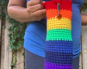 crochet water bottle bag, pouch, rainbow, made for 600 ml - 1 L reusable bottles