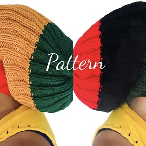 May include: Two knitted beanies, one with red, gold, and green stripes, and the other with red, black, and green stripes. The word "Pattern" is written in white script across the image. The beanies are made of a ribbed knit.