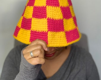 crochet bucket hat pattern tutorial, checkered, easy beginner