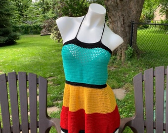 crochet dress, crochet Rasta dress, crochet swimsuit cover-up