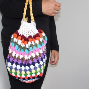 Bolso cuadrado de abuela de ganchillo, colorido, bolso de mano, bolso con asa superior, pieza única