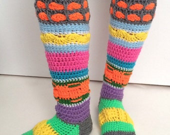 Crochet Knee High Colourful Slipper Socks PATTERN: Funky Hippie Style (PDF Digital Download)