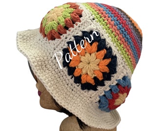 crochet PATTERN, granny square bucket hat pattern tutorial, puff stitch bucket hat, PDF