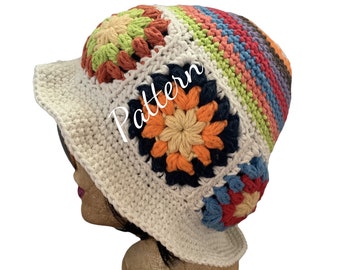 Crochet Granny Square Bucket Hat PATTERN: Easy Puffy Stitch (PDF Digital Download)