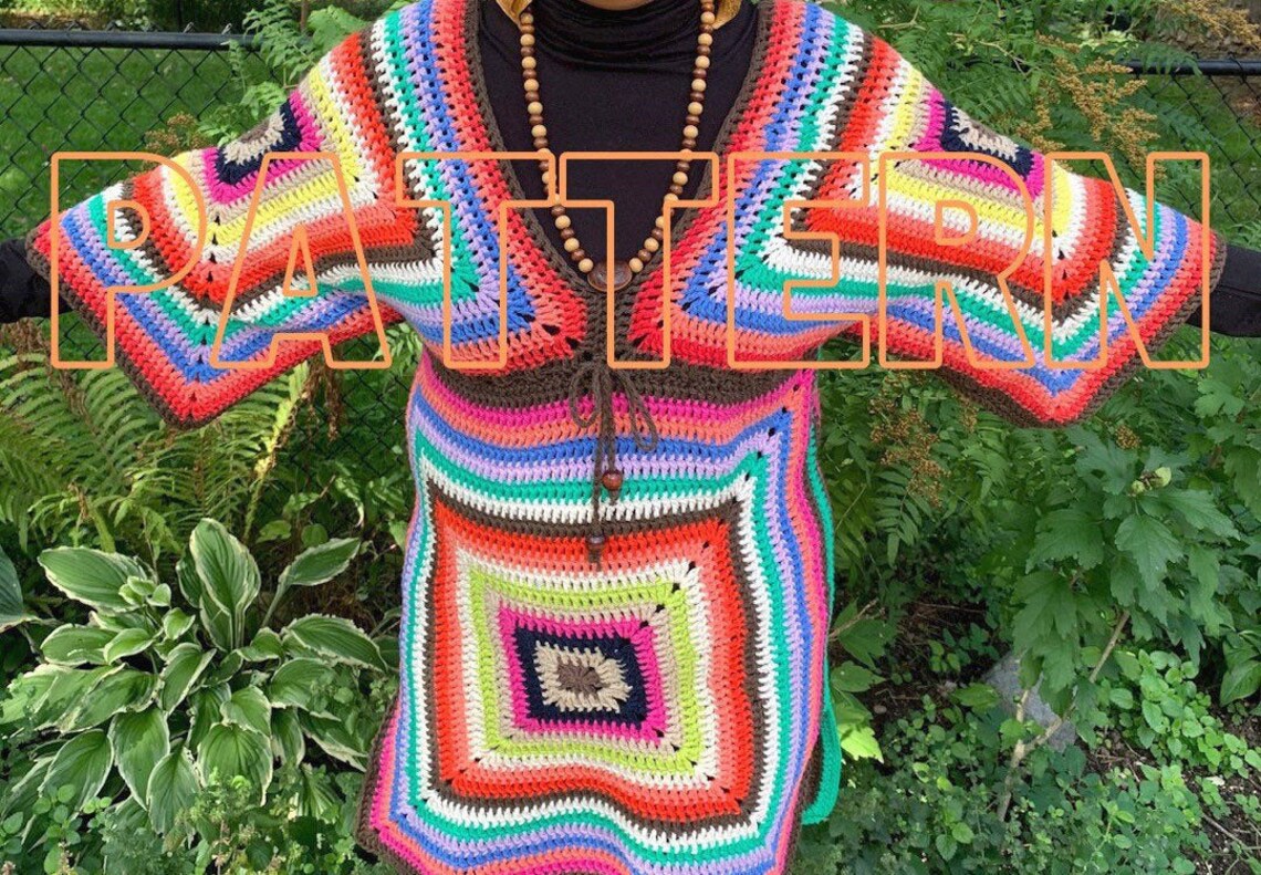 Crochet vintage granny square Kimono dress pattern colourful Etsy