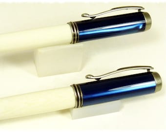 Classic George Antique Silver Roller Ball & Fountain Pen Set on Metallic Blue and Faux Bone Blanks- Free USA Shipping
