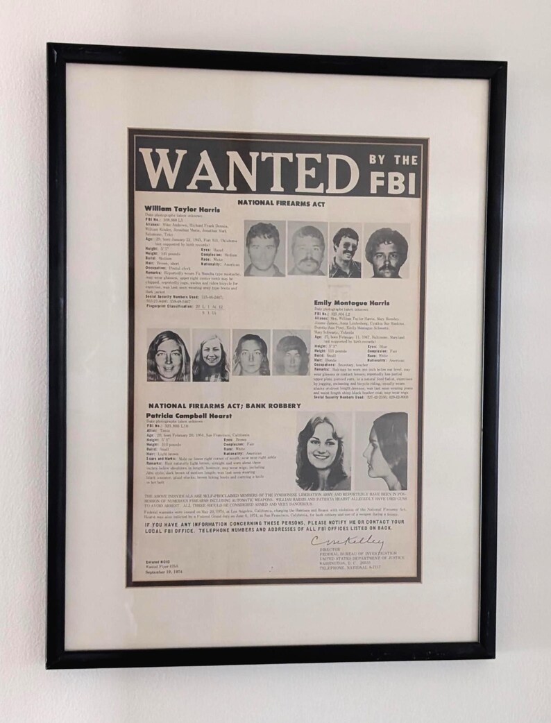 1974 Patty Hearst FBI Framed Wanted Poster - Etsy