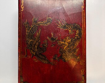 Chinese Abacus Old Counting Frame Dragon Phoenix Leather Box Brass Lock