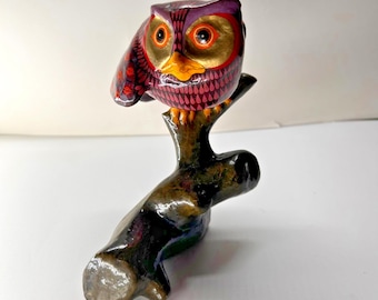 Rare Vintage Paper Mache Owl Hand Painted Mexico Artist Signed Ernest Lopez