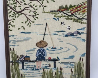Vintage Framed Needlepoint Art | Boy Fishing in Overalls, Summer Days 10.5 x 21”