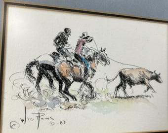 William Bill Rains 1983 Cowboys Hearding Cattle Art Print-Framed 13 x 11.5