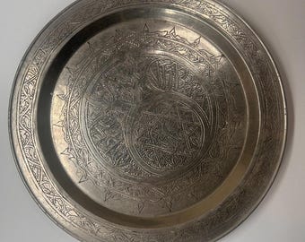 Antique Middle Eastern Tinned Copper Tray Engraved Plate