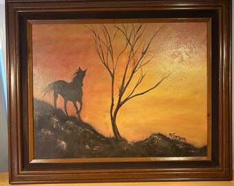 Oil painting vintage landscape Silhouette Orange Yellow horse Sky Artist Signed
