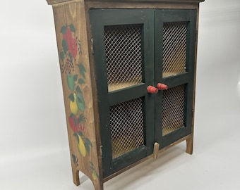 Antique 1890’s Hand-Painted Wooden Mini Cabinet Fruit Motifs Wire Mesh Doors.