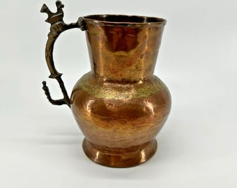 Vintage Copper Pitcher Brass Handle Hand Hammered with Bird Figurine on handle