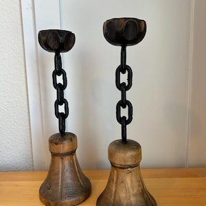Vintage Spanish Brutalist Style Wood and Iron Chain Candle Holders |Set of 2 | 12 inch Tall | Mid Century Modern