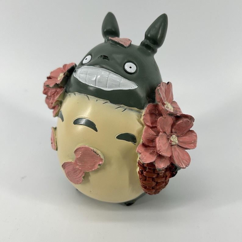 Rare Japan Studio Ghibli My Neighbor Totoro Piggy Bank Grey Pink Flowers Plastic image 1