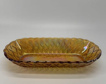 Vintage Indiana Glass Marigold Carnival Glass Celery Relish Bowl Dish 10-1/2"L