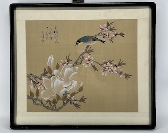 Vintage 16”x 19” Japanese Art Birds and Flowers on Branch Painted Silk Framed