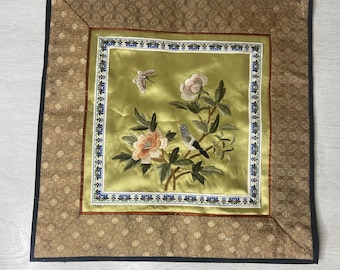 Antique Chinese Hand Embroidered Silk Panel Birds & Flowers Green Background