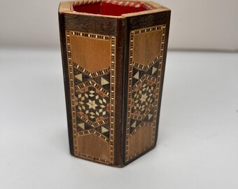 Moorish Wood Mosaic Hexagonal Pencil Cup Geometric Design