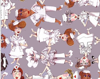 Tossed Nurses Gray Fabric ~ 1/2 yard cut of 100% Cotton Fabric by Loralie ~ 691-799