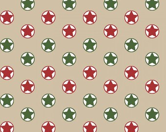 Star Fabric Santa's Stash ~ 100% Cotton Fabric ~ 1/2 yard cut - choose Green, Red or Beige background with stars and circles - Patrick Lose