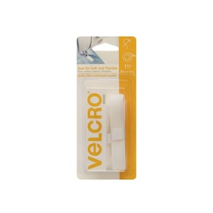 May include: White Velcro brand sew-on fastener roll, 30 in x 3/4 in, in a clear and yellow package. The package includes the text "Sew On Soft and Flexible" and "VELCRO BRAND".