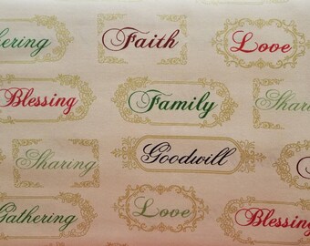 Holiday Wishes Words ~ 1/2 Yard Cut ~ 100% Cotton Directional Fabric ~ Family, Love, Faith, Sharing, Harmony, Gathering, Blessing, Goodwill