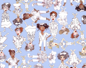 Tossed Nurses Blue Fabric ~ 1/2 yard cut of 100% Cotton Fabric by Loralie