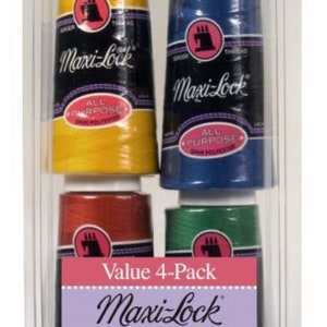 May include: A value pack of four spools of Maxi-Lock All Purpose thread. The spools are yellow, blue, red, and green. The packaging features the brand name and a description of the thread's features.