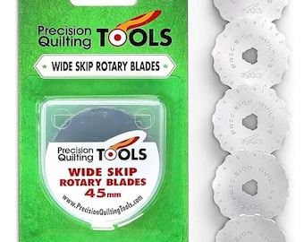 Precision Quilting ~ 45 mm Wide Skip Rotary Blades for edging projects ~ 5 pack ~ Carbide Steel Replacement Blades in a storage case