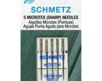 Schmetz MICROTEX Sharp Sewing Machine Needles - Sizes 80/12 or 90/14 ~ 5 Needles per package.