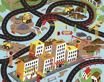 May include: A colorful play mat featuring a construction scene with yellow trucks, cranes, and buildings. The mat has a black road winding through the scene with a red bridge and a sign that says "Junior Crew". The mat also features the Caterpillar logo.