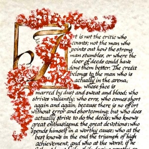 The Man in the Arena/Quote by Theodore Roosevelt/Green/Gold Vine/OR Red Vine/Paper Only/Print of Hand Lettered Original/Paper Only/