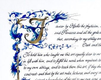 Hippocratic Oath/ Blue/Custom Calligraphy/Print of Original/Old World/Gift for MD/Doctor/On White 110lb Paper/Medical Student Gift/2 sizes