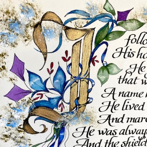 May include: A watercolor painting of a gold letter "I" with blue and purple floral accents. The text "follow His heart" is written in black ink on the right side of the image.