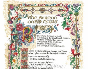 Sermon on the Mount/Beatitudes/Bible Art/Print of Original,Calligraphy, 8.5x11 OR 11x14, Print,Old World Art,Bible Art,/Paper Only