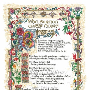 Sermon on the Mount/Beatitudes/Bible Art/Print of Original,Calligraphy, 8.5x11 OR 11x14, Print,Old World Art,Bible Art,/Paper Only