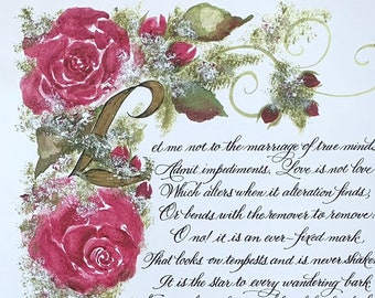 Valentines gift/Gift for Her/For Him/Shakespeare/Sonnet 116/Pride and Prejudice/roses/Red/Wedding/Anniversary/Print of Original/Personalized