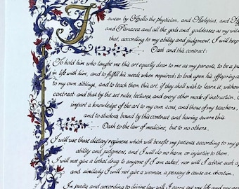 Hippocratic Oath/Print of Original Hand Done/Old World/Gift for MD/Dr/Doctor/blue/red/with green serpent/white paper