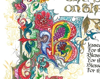 Impresión caligráfica de las Bienaventuranzas, Sermón del Monte, estilo antiguo