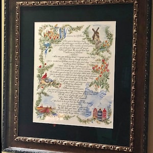 May include: A framed calligraphic poem titled "Welcome to Holland" with a watercolor illustration of a windmill, tulips, and birds. The poem discusses the unexpected journey of parenthood and the beauty of embracing the unexpected.