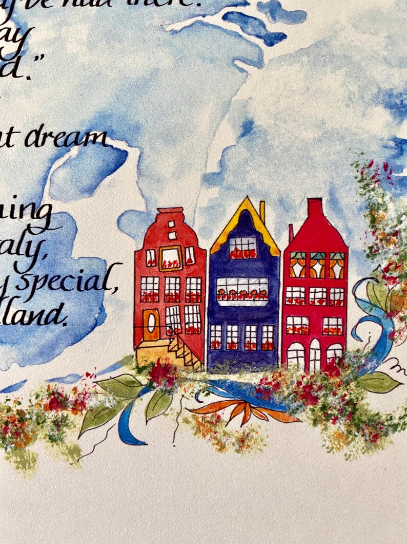 May include: Watercolor painting of three colorful houses with red, blue, and yellow accents. The houses are surrounded by green leaves and flowers.